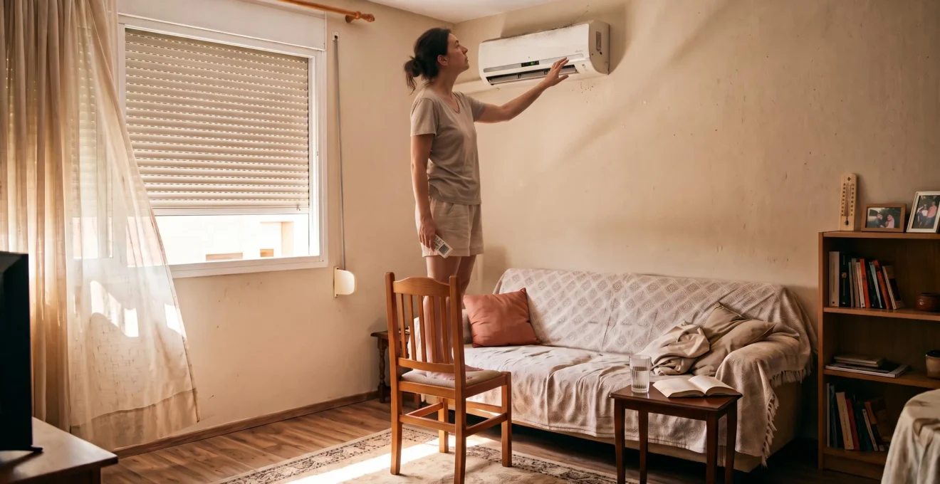 Une femme règle la télécommande d'un climatiseur mural compact dans un petit salon fermé aux volets pendant une journée de canicule.
