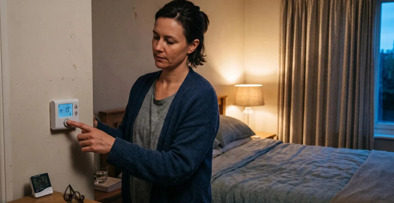 Une personne ajuste le thermostat mural d'une chambre le soir pour abaisser la température avant de dormir.