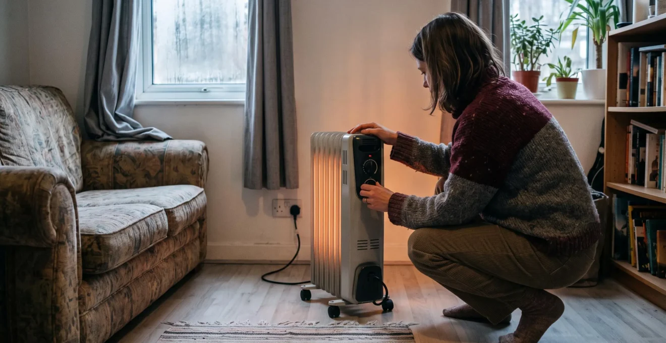 Une personne règle le thermostat d'un radiateur à bain d'huile posé au sol dans un salon d'appartement, à distance du canapé et des rideaux.