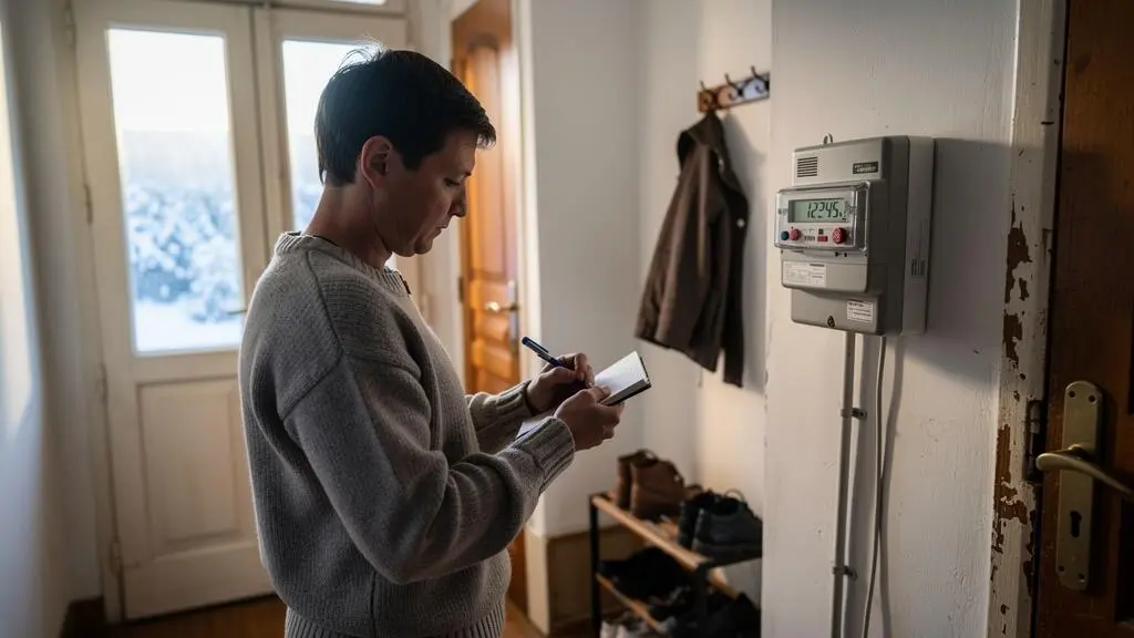 Une habitante relève son compteur d'électricité dans un couloir d'appartement et note la consommation dans un carnet.