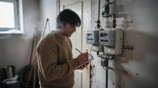 Une personne relève les index d'un compteur de gaz et d'un compteur électrique dans un logement en hiver, carnet en main.