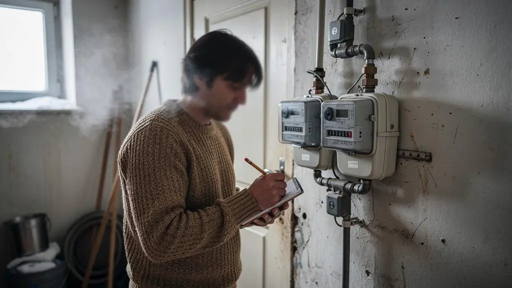 Une personne relève les index d'un compteur de gaz et d'un compteur électrique dans un logement en hiver, carnet en main.