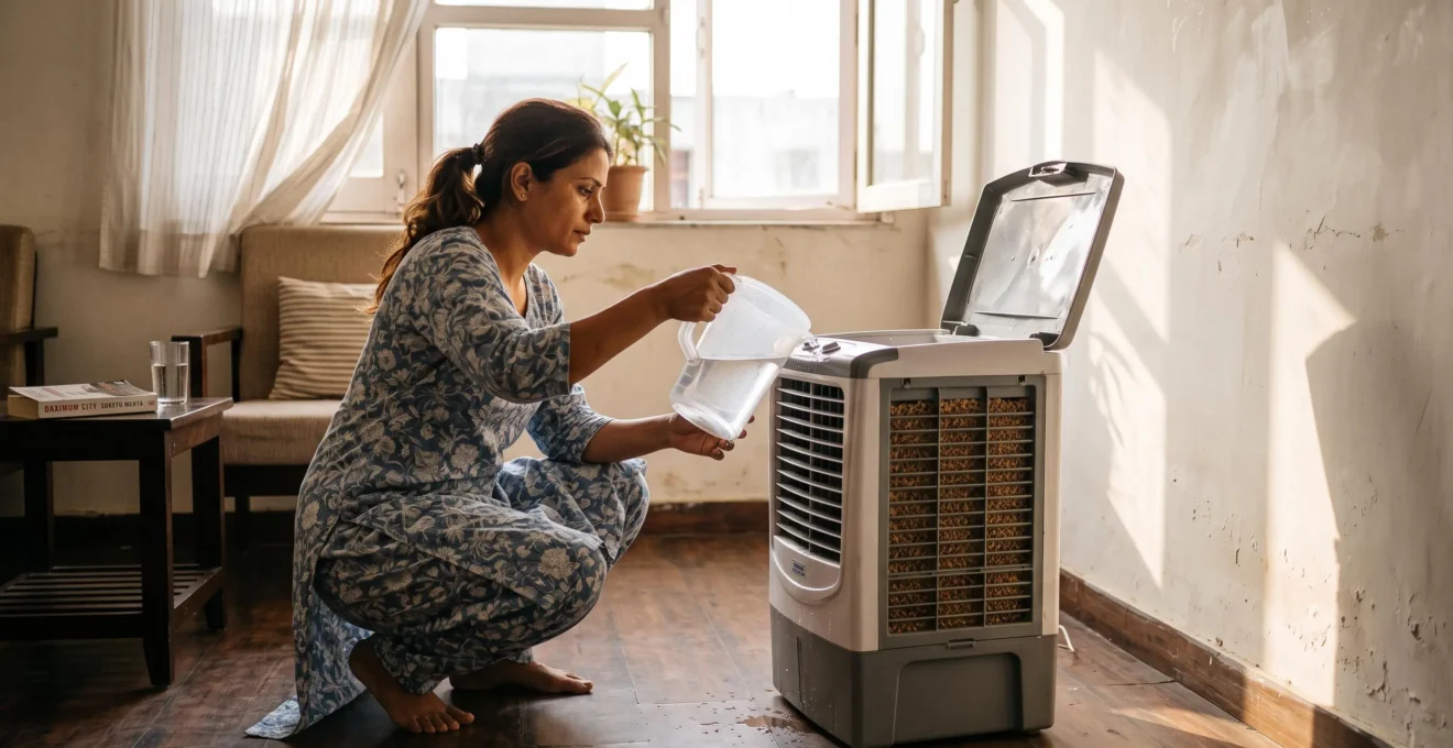 Une personne remplit le réservoir d'eau d'un rafraîchisseur d'air évaporatif dans un salon lumineux, la fenêtre entrouverte derrière lui.