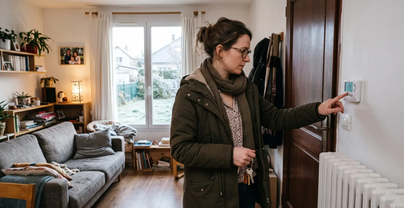 Une femme ajuste le thermostat mural de son séjour avant de quitter son logement en hiver.