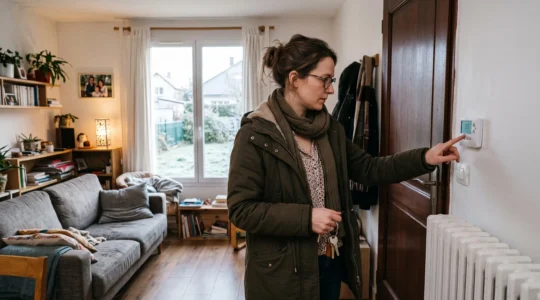 Une femme ajuste le thermostat mural de son séjour avant de quitter son logement en hiver.