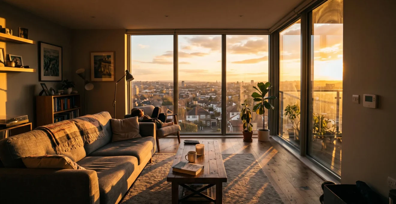 Salon avec une grande baie vitrée plein ouest traversée par la lumière rasante du soleil de fin d'après-midi, qui projette des zones chaudes sur le sol et le canapé.