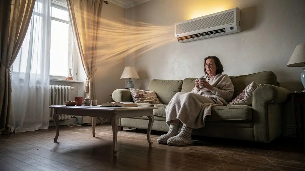 Une femme assise dans un salon en hiver enveloppe ses jambes dans une couverture tandis qu'un émetteur d'air chaud fixé en haut du mur souffle vers le plafond.