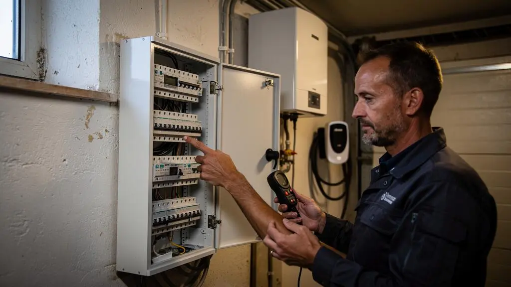 Un électricien et un propriétaire examinent un tableau électrique avec un chauffe-eau et un câble de recharge de véhicule électrique en arrière-plan.