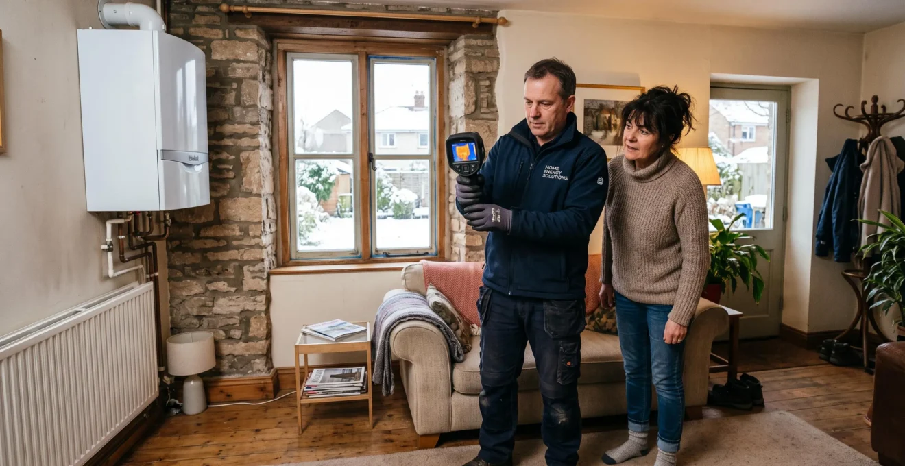 Un technicien chauffagiste utilise une caméra thermique pour détecter les déperditions de chaleur sur le mur d'une maison en hiver, devant l'occupant du logement.