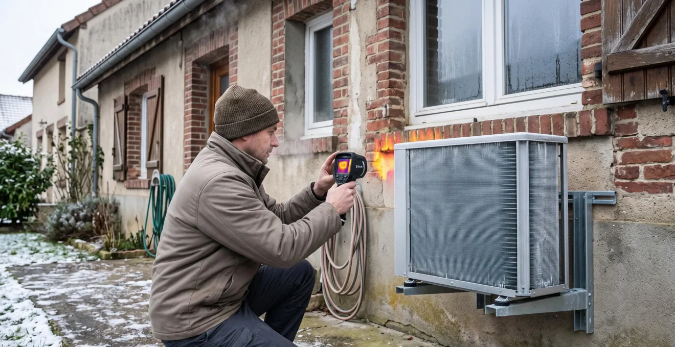 Un technicien pointe une caméra thermique vers le mur froid d'une maison mal isolée à côté d'une unité extérieure de pompe à chaleur givrée en hiver.