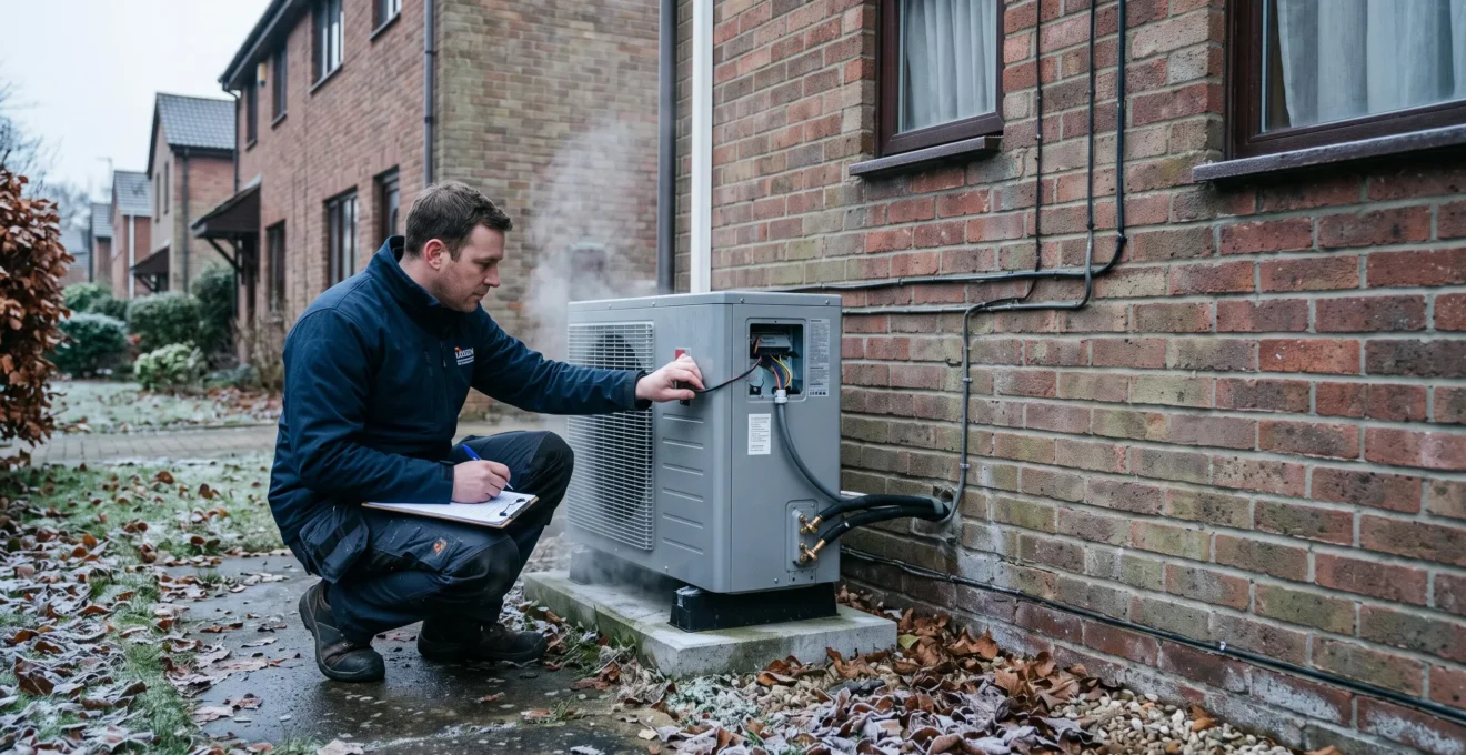 Un technicien accroupi examine un groupe extérieur de pompe à chaleur installé contre la façade d'une maison en hiver, avec de la vapeur issue d'un cycle de dégivrage.
