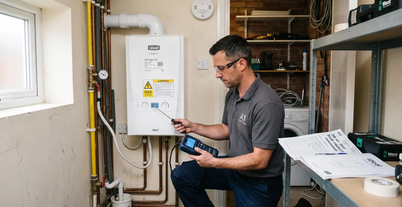 Un technicien vérifie une chaudière gaz nouvellement installée avec un analyseur de combustion lors de la mise en service.