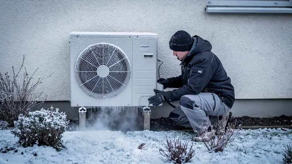 Un technicien inspecte un groupe extérieur de pompe à chaleur givré par temps de gel devant une maison.