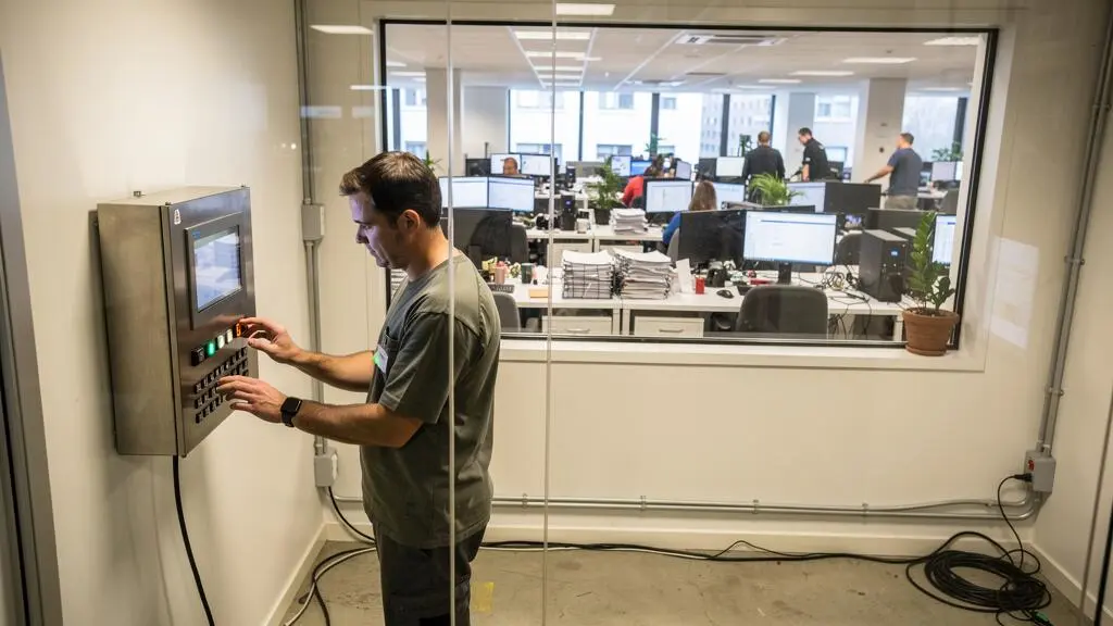 Un technicien règle un panneau de gestion technique du bâtiment dans une local technique, avec des bureaux occupés visibles derrière une verrière.