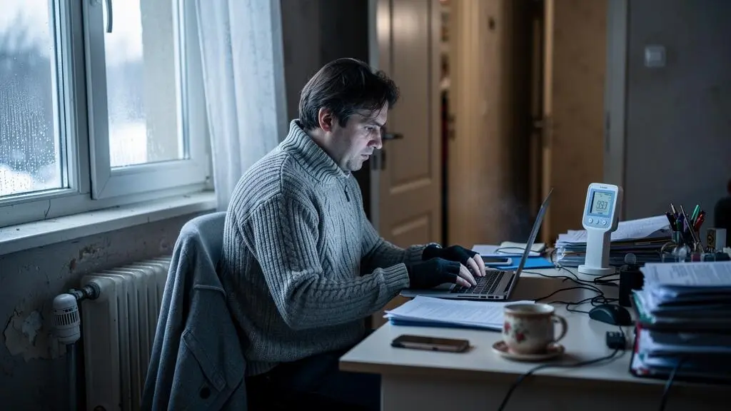 Une personne en télétravail travaille à son bureau en pull et mitaines, avec un thermomètre posé sur le bureau près d'une fenêtre légèrement condensée.