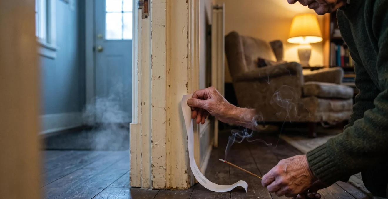 Une personne teste un joint de porte en faisant glisser une feuille de papier contre l'embrasure d'une porte fermée dans une maison en hiver.